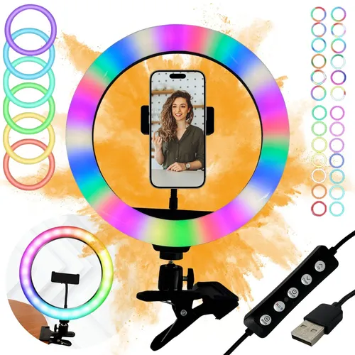 RGB Ringlicht 10 Zoll mit Handyhalterung und Klemmstativ - Perfektes Ringlicht für Selfies und Videos, tragbar mit 15 Lichtfarben. Ideal für Influencer und kreative Inhalte. Energiequelle: USB, universell kompatibel.