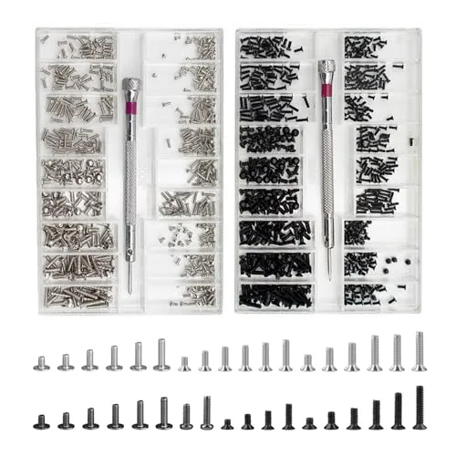 DAZZLUXE 2 kleine Schraubensätze, Brillenreparaturset, Brillenteile, Edelstahlschrauben, geeignet für die Reparatur von Brillen, Uhren, Computern usw. (Silber, Schwarz, 1000 Schrauben)