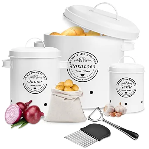 TAVADA Kartoffel Aufbewahrungsbox 3er Set,Zwiebeltopf und Knoblauchtopf Belüftet Vorratsbehälter Set,Zwiebel Aufbewahrung,Aufbewahrung Kartoffeln Zwiebeln Knoblauch Aufbewahrung（weißer）