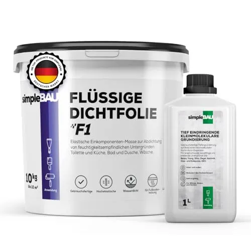 simpleBAU Dichtmasse Wasserdicht F1 10 kg und Tiefengrund 1L - Abdichtmasse und Grundierungssystem für Bad, Dusche, Fliesen und Fußbodenheizung - Einkomponente und Lösemittelfrei Flüssige Dichtfolie