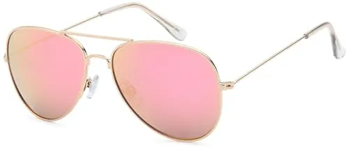 styleBREAKER Kinder Sonnenbrille Pilotenform mit verspiegelten oder getönten Gläsern | Edelstahl Rahmen UV400 Schutz | für Jungen und Mädchen 4 bis 10 Jahre, Gestell Gold/Glas Pink verspiegelt