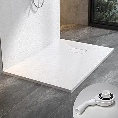 WITEN&NOCK Duschwanne 140x90 cm SMC Brausewanne Weiß Steinoptik Duschtasse Extraflach Anti-Rutsch mit Ablaufgarnitur