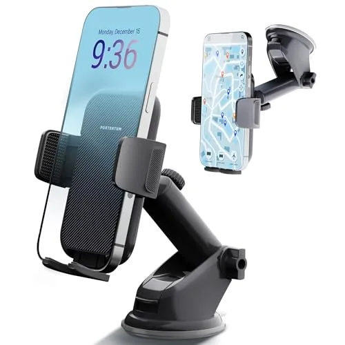 PORTENTUM Handyhalterung Auto, 360° Drehbar Handyhalter fürs Auto mit EIN-Knopf-Release, Amaturenbrett Glasscheibe KFZ Handy Halterung, Kompatibel mit jedem Mobiltelefon von 4 bis 7 Zoll
