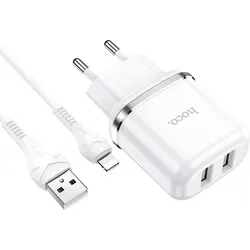 Hoco N4 USB Ladegerät + Lightning Kabel Netzteil Dual Port mit 2.4A Reise Ladestecker Universal für Apple iPhone, iPad - Weiß