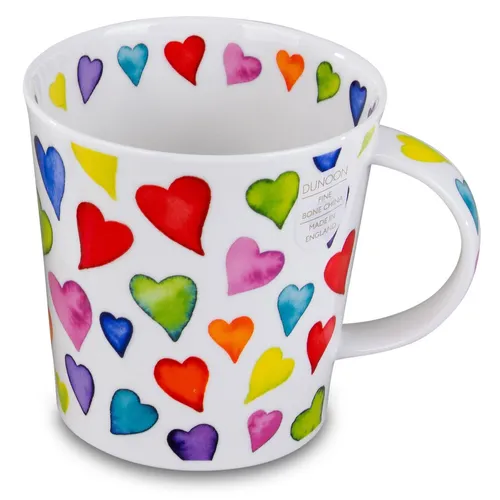 Dunoon Becher Cairngorm Warm Hearts - Thermobehälter aus hochwertigem Porzellan, ideal für warme Getränke und ein liebevolles Design mit mehrfarbigen Herzen.