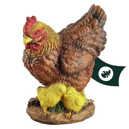 VERDOBA Garten Figur Huhn aus Kunstharz, weiß, handbemalt - Henne Dekofiguren Garten Deko Gartenfiguren für außen groß - Hühner Gartendeko Polyresin Figuren Tiere (Henne mit Küken - braun)