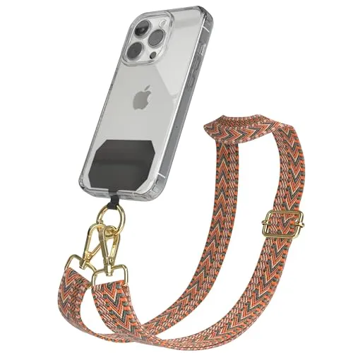 EAZY CASE - Handykette Universal zum Umhängen kompatibel mit jedem Handy Kette mit Hülle kombinierbar Handykordel mit Karabiner für Handyhülle Handyband zum Umhängen Bunt Boho Kordel Orange Grün Gold