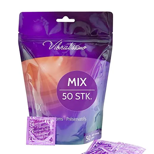 VIBRATISSIMO Kondome Mix 50er Pack gemischt | gefühlsecht & extra feucht | Beutel dünne Wandstärke & Aromatisiert | hauchzart genoppt & gerippt