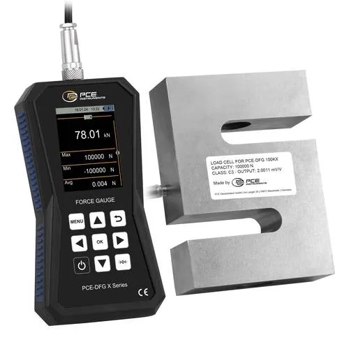 PCE Instruments Kraftmessgerät PCE-DFG 100K - Kraftmessgerät für präzise Zug- und Druckkraftmessungen bis 100 kN, ideal für Prüflabore mit hoher Genauigkeit von ±0,05% F.S. und praktischer Speicher Software.