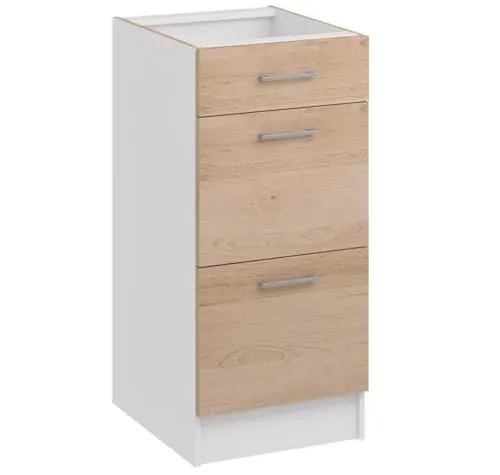 roe furniture Küchenunterschrank 40 cm Breite mit 3 Schubladen – Unterschrank – Küchenschrank 40×82×44 cm – Stauraumschrank aus Holzwerkstoff, melaminbeschichtet, Bodenaufstellung