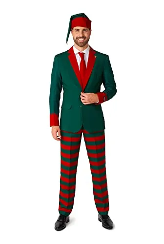 Suitmeister Weihnachtsanzug für Herren - Santa Elf Outfit - Tailliert Party Kostüme - Kostüme für Erwachsene: Sei der schönste Weihnachtshelfer mit diesem stylischen, taillierten Anzug, ideal für Bürofeiern und Familienfeiern, inklusive Blazer, Hose und Hut mit Glöckchen.