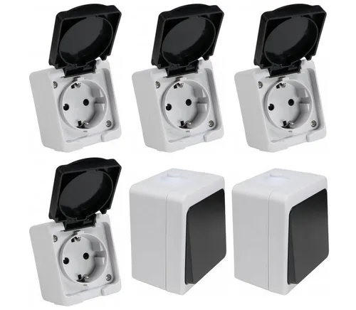 REV AquaMini Feuchtraum Set - 4x Steckdose & 2x Aus-/Wechselschalter - 6-teiliges Feuchtraum Set von REV, spritzwassergeschützt und kompakt. Ideal für Keller, Garagen und geschützte Außenbereiche, mit einfacher Montage und hoher Belastbarkeit.