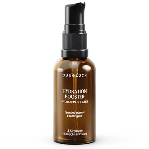 JUNGLÜCK Hydration Booster - Hochdosiertes Hyaluron Serum - Intensives Feuchtigkeitsserum mit 1,5% Hyaluronsäure für trockene Haut. Polstert Fältchen auf und sorgt für ein glattes Hautgefühl. Ideal für die tägliche Pflegeroutine.