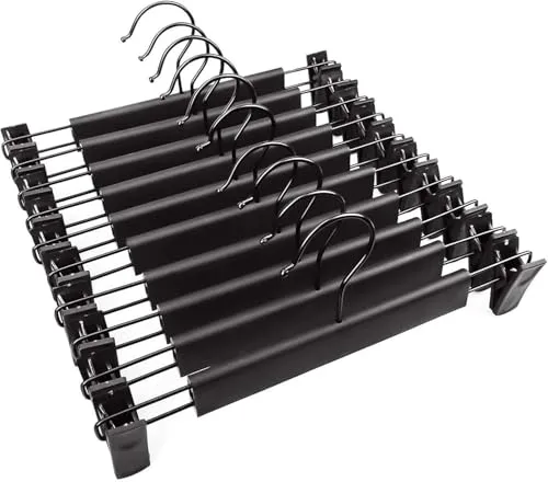 Hosenbügel,10 Stück Kleiderbügel mit starken Antirutsch verstellbaren Clips Haken,Platzsparend Hosenbügel Kleiderbügel für Hängende Hosen Socken Röcke Mäntel,Schwarz
