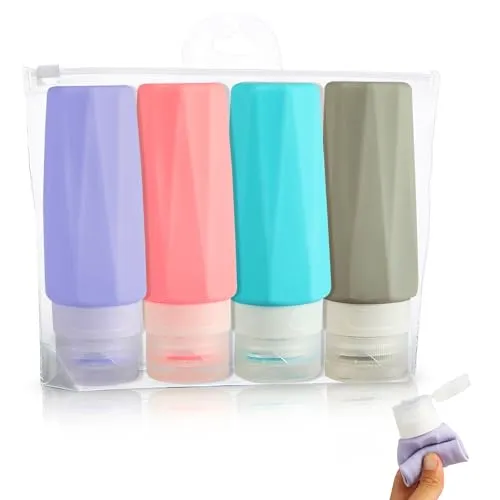 Silikon Reiseflaschen Set, 4 Stück 90ml Auslaufsichere Reisebehälter für Kosmetik und Toilettenartikel