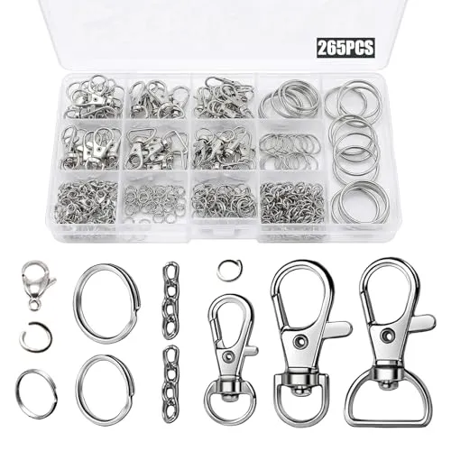 Schlüsselanhänger Bastelset 265 Stück, Karabiner mit Drehgelenk aus Zinklegierung, inkl. Clips, Karabinerverschlüsse, Ringe, Biegeringe, Ösen & Aufbewahrungsbox, DIY Schlüsselbund Bastelzubehör