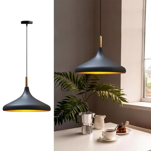 bamyum Champion Pendelleuchte Schwarz Gold - Elegante Hängelampe für jeden Raum - Lampen: Stilvolle Pendelleuchte aus Holz und Metall mit mattschwarzem Design und goldener Innenseite. Ideal für Wohnzimmer, Küche oder Schlafzimmer, einfach zu installieren und passt zu jedem Einrichtungsstil.