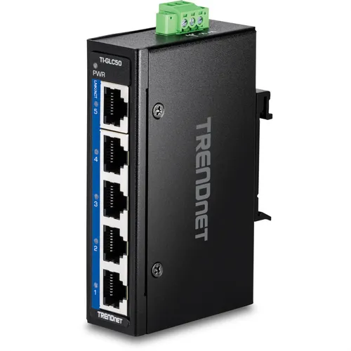 TRENDnet TI-GLC50 5-Port Gigabit Industrial DIN-Rail Mini - Netzwerk-Switch mit 5 Gigabit Ethernet-Ports, ideal für industrielle Anwendungen und platzsparende Montage auf DIN-Schienen.