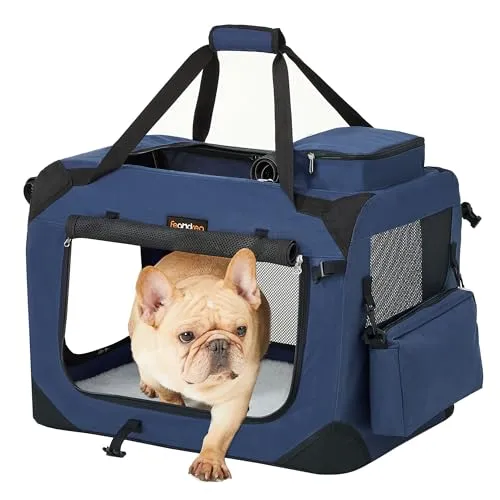 Feandrea Hundebox faltbar, Transportbox Hund, S, Hundetasche, Oxford-Gewebe, Netzstoff, atmungsaktiv tragbar transportabel, Metallrahmen, mit Griffen, Taschen, 50 x 35 x 35 cm, dunkelblau PDC50Z
