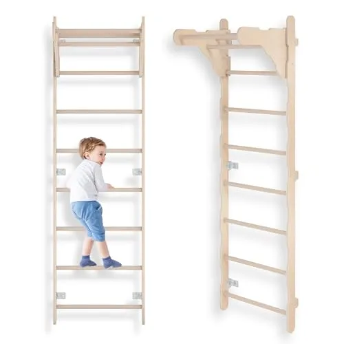 MAMOI® Klettergerüst Indoor, Sprossenwand für kinderzimmer, Turnringe Kinder für Klettern, Kletterwand und spielgeräte, Turngeräte mit Klimmzugstange für drinnen, Sprossenwand für Erwachsene