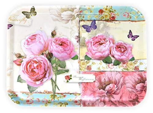 Lashuma Serviertablett Tragbar, Melamin Servicetablett 38x26 cm, Robustes Picknicktablett, Druck: England Rosen