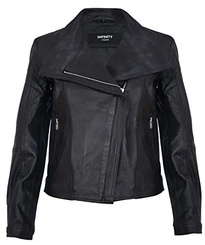 Damen Schwarz Echtlederjacke Classic Motorradfahrer Style Schal 2XL