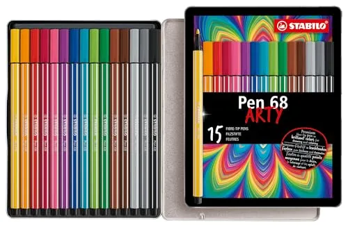 Stabilo Filzstifte Pen 68 ARTY - 15 Farben im Metalletui - Schreibutensilien mit Anti-Dry-Out-Technologie für bis zu 24 Stunden Offenlagerung. Ideal für kreative Köpfe, mit hoher Farbbrillanz und wasservermalbar.