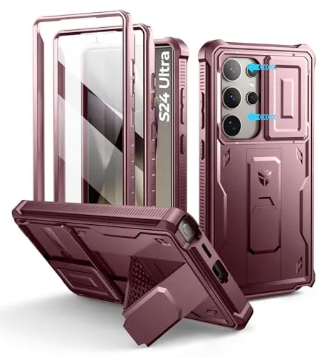 Dexnor Kompatibel mit Samsung Galaxy S24 Ultra Hülle mit Eingebaute Schiebekamera Abdeckung&Displayschutz&Kickstand, Schwerlast Stoßfestes Robustes Ganzkörper Stoßfänger Handyhülle - Magic Red