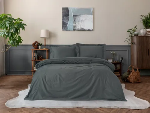 Satin Doppelbettwäsche Set Bettüberwürfe & Tagesdecker 100% BAUMWOLLSATIN Anthra