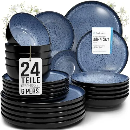 Steingut Geschirrset 6 Pers. Ibiza 24-tlg - Mediterranes Flair für dein Zuhause - Tafelservice für 6 Personen, aus hochwertigem, kratzfestem Steingut in Tiefblau und Matt-Schwarz, mikrowellen- und spülmaschinenfest für Alltag und besondere Anlässe.