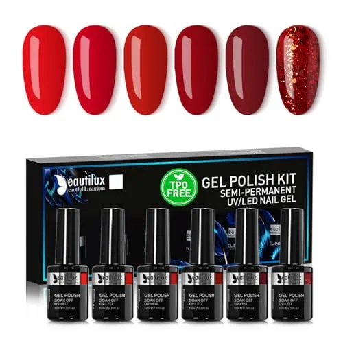 Beautilux UV Nagellack Rot, 6 Farben 10ml Soak Off Dunkelrot Gel Nagellack Set für Home-Maniküre Nail Art Maniküre (Rot Serie)