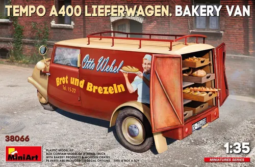 Mini Art 38066 Tempo A400 Lieferwagen m. Backwaren 1:35 Bausatz - Bausatz für den Tempo A400 Lieferwagen, detailgetreu und ideal für Modellbau-Enthusiasten und Sammler.