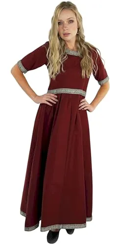 Leonardo Carbone® Damen Kleid Ennlin | Bordüre Design | Schnürung Rücken | Karneval, Halloween, Cosplay, LARP, Mittelalter, Wikinger, Kostüm, A-Linie | 100% Baumwolle Rot M