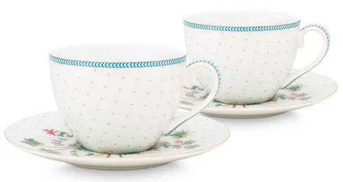 Pip Studio Jolie Dots Tassen Set - Thermobehälter - Fröhliches Set mit 2 Tassen und Untertassen, ideal für High Tea, im einzigartigen Jolie Dots-Design mit tropischen Motiven und Goldverzierungen.
