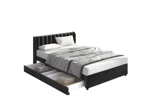 Flieks Polsterbett aus Samt mit Stauraum und 2 Schubladen, 160x200cm - Elegantes Samtpolsterbett mit praktischem Stauraum. Ideal für zusätzlichen Platz und Komfort im Schlafzimmer. Gesamtabmessung: 207.5x166x95cm.