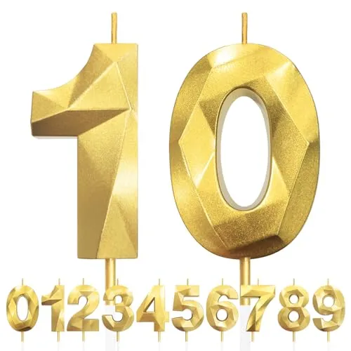 Kerzen zum 10. Geburtstag, Zahl 10, goldene Geburtstagskerzen für Kuchen, Diamant-3D-Happy Birthday-Kerzen, Kuchenkerzen-Dekorationen für Geburtstagsparty, Hochzeitstag, Feier-Zubehör