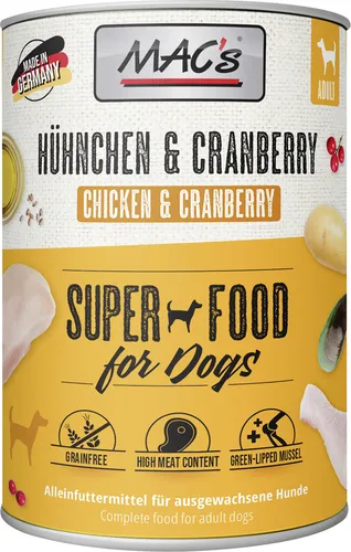 Mac s Hunde-Nassfutter Huhn und Cranberry 400 g - Getreidefreies Alleinfutter, unterstützt die Gelenke und fördert die Urinwegsgesundheit