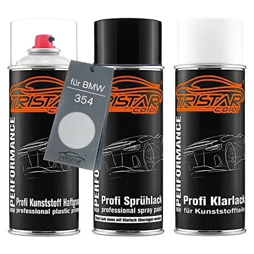 TRISTARcolor Autolack Spraydosen Set für Kunststoff Stoßstange für BMW 354 Titansilber Metallic/Titanium Silver Metallic Haftgrund Basislack Klarlack mit Weichmacher Sprühdose