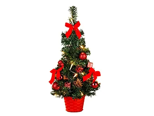 Gravidus Künstlicher Weihnachtsbaum 40 cm mit LED-Lichterkette (rot) - Schöner künstlicher Weihnachtsbaum mit 15 warmweißen LED's, dekoriert mit 8 Christbaumkugeln und 4 Schleifen. Ideal für festliche Stimmung in jedem Raum.