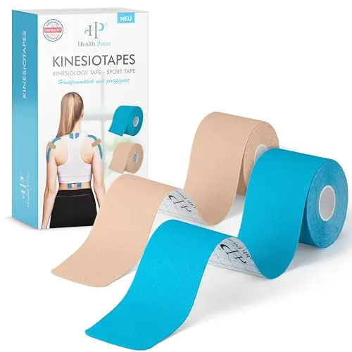 Health Press Kinesiotapes – 2 Rollen Kinesiologie Tape Sport Blau + Beige (5cm x 5m) – Kinesiotape – Profi Physio Tape und Sporttape – Hautfreundliche Tapes DERMATEST: SEHR GUT