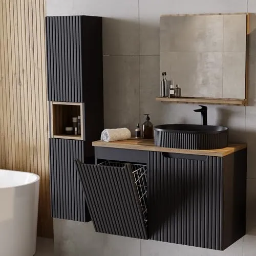 Lomadox Badmöbel-Set NEWPORT-56-BLACK - Badmöbel-Set in modernem Schwarz mit Eiche, inklusive Hochschrank, Spiegel und Waschtisch. Praktischer Wäschekorb und gerillte Front für stilvolles Badezimmerdesign.