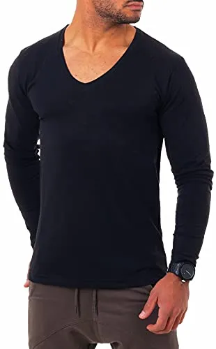 Young & Rich Herren Langarm Shirt mit tiefem V-Ausschnitt deep v-Neck Longsleeve Slim fit Stretch 2239, Grösse:XXL, Farbe:Dunkelblau