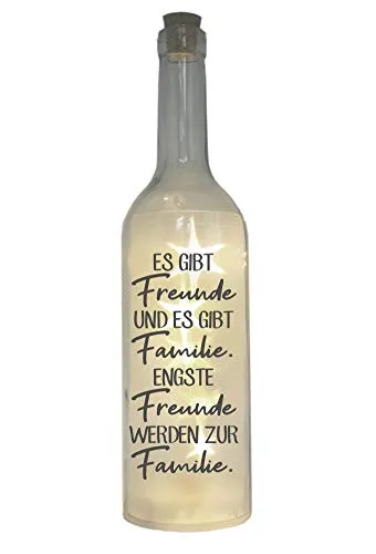 WB wohn trends LED-Flasche mit Motiv, Es gibt Freunde und es gibt Familie, grau, 29cm, Glitzer-Flasche Leuchtflasche Lampe mit Text Spruch