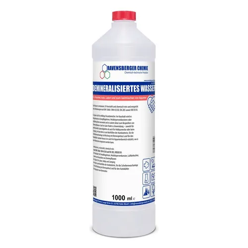 Ravensberger Chemie Bügelwasser VE-Wasser Demineralisiertes Wasser - 1 L, 1 Liter Flasche von Ravensberger Chemie - demineralisiert & entionisiert, kalkfrei für Auto, Batterie, Haushalt, Dampfbügeleisen und Labor
