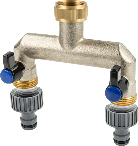 tecuro 2-Wege Verteilerstück 3/4 Zoll (DN 15) mit Steckkupplung, einzeln absperrbar, Messing vernickelt