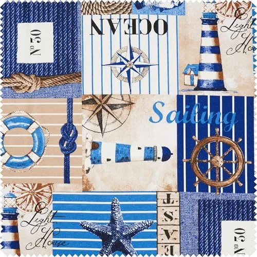 VBS Marktplatz Dekostoff Leinenoptik Sailing Motivstoff Meterware Breite 140 cm Motivgröße 7-16 cm Sommer Schiffe maritim