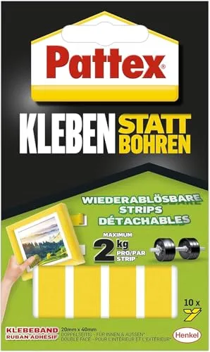 Pattex Kleben statt Bohren Klebe-Strips - Doppelseitiges Klebeband für starken Halt bis 2kg pro Strip, ideal zum Befestigen ohne Bohren auf glatten Oberflächen – leicht entfernbar und vielseitig einsetzbar.