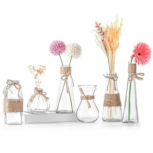 Winter Shore Kleine Vasen für Tischdeko [6er-Pack] - Blumenvase Vintage Verschiedene Formen - Tischvasen Klein mit Rutschfestem Boden & Braunem Seil - Rustikale Vasen Klein Tischdeko & Hochzeitsdeko