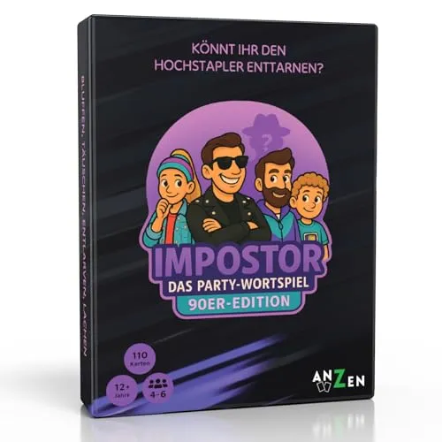 Impostor – Das Party Wortspiel 90er Edition inkl. Hilfsbegriffe | Lustiges Gesellschaftsspiel & Kartenspiel für Erwachsene, Familie & Freunde | Wer enttarnt den Hochstapler? | Nostalgie als Partyspiel