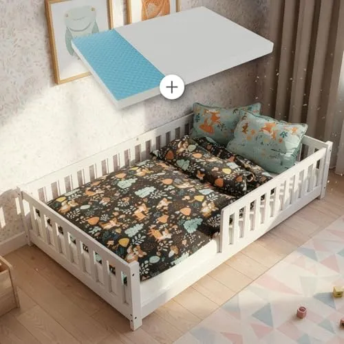 Juskys Kinderbett Naya, 120x200 cm - Sicher und gemütlich für Ihr Kind - Betten mit Rausfallschutz, inklusive Matratze und Lattenrost, aus robustem Kiefernholz für eine maximale Belastbarkeit von 125 kg.
